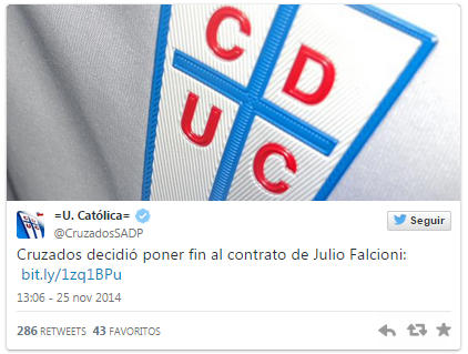 Universidad Católica decidió poner fin al contrato del técnico Julio César Falcioni