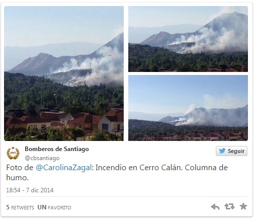 Incendio forestal afecta a cerro Calán en la comuna de Las Condes