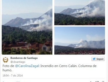 Incendio forestal afecta a cerro Calán en la comuna de Las Condes