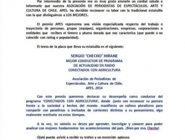 "Checho" Hirane celebró en Twitter la obtención del Premio Apes