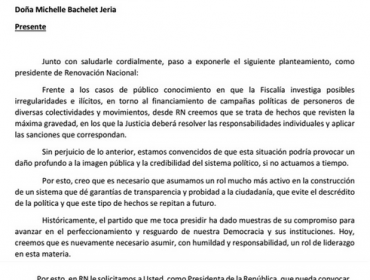 Caso Penta: RN exige a Bachelet legislar para regularizar el financiamiento a campañas políticas