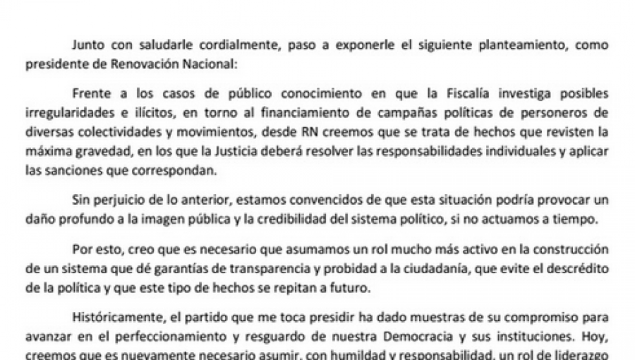 Caso Penta: RN exige a Bachelet legislar para regularizar el financiamiento a campañas políticas