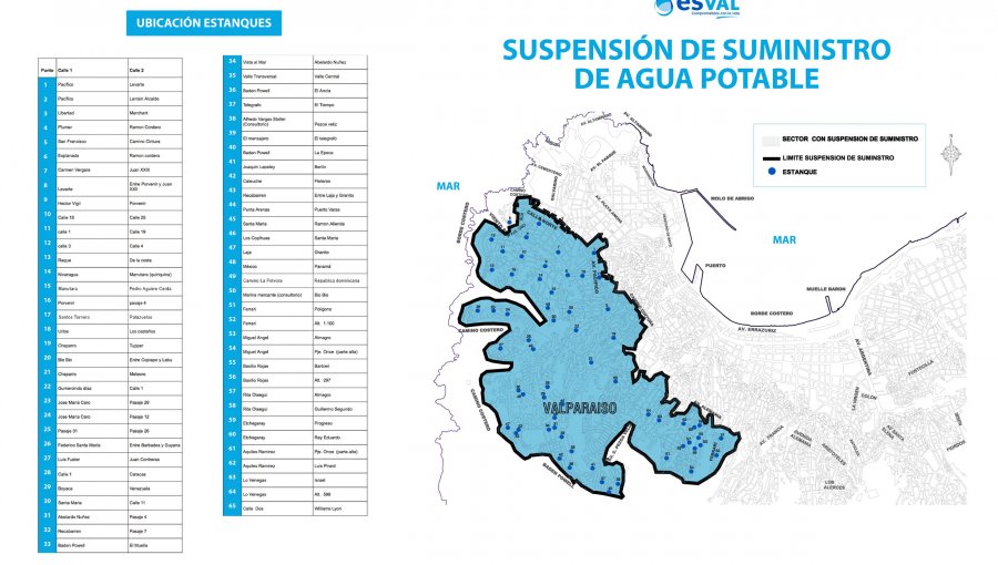 Corte de agua en sectores de Valparaíso se extenderá hasta la madrugada de este viernes