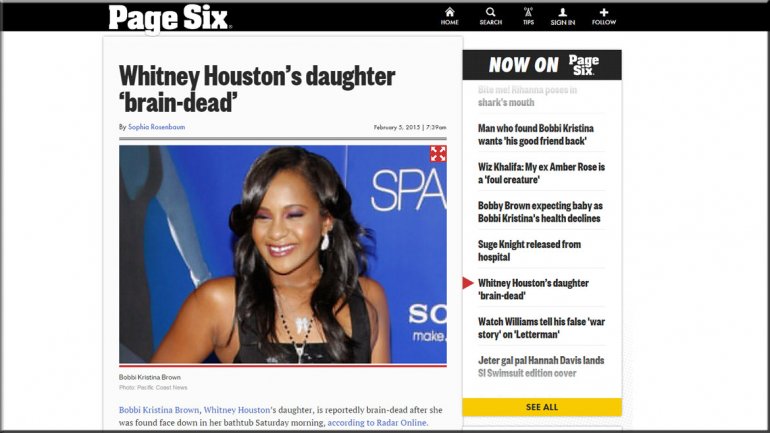 Hija de Whitney Houston tiene muerte cerebral