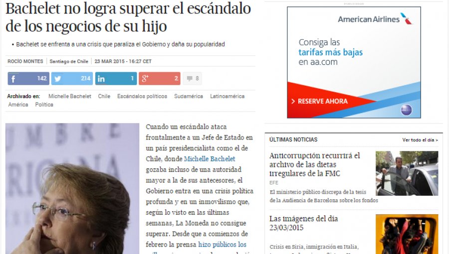 Diario El País de España enfatiza que caso Caval genera “una crisis” para Bachelet que “destroza su popularidad”