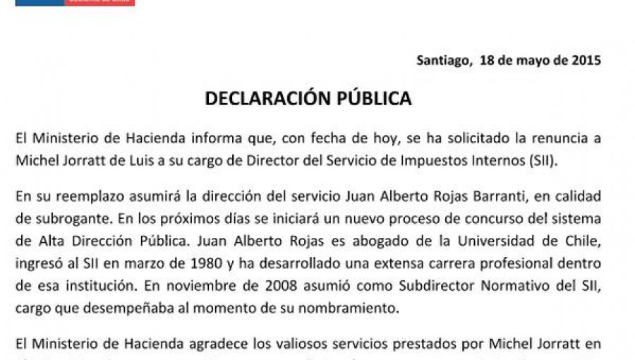 Gobierno pide la renuncia a director del SII, Michel Jorratt: Juan Alberto Rojas Barranti asume como subrogante