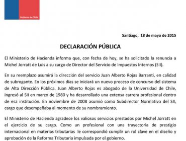 Gobierno pide la renuncia a director del SII, Michel Jorratt: Juan Alberto Rojas Barranti asume como subrogante