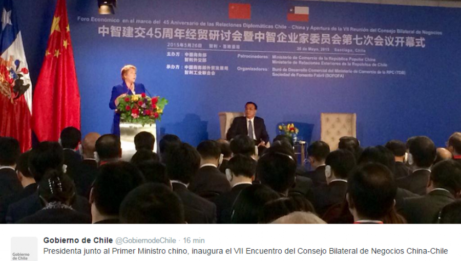 Presidenta Bachelet inaugura el VII encuentro del Consejo Bilateral de Negocios Chile-China