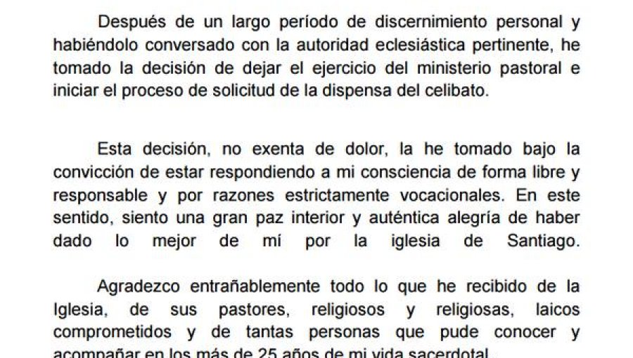 Padre Rodrigo Tupper renuncia al sacerdocio e iniciará proceso de solicitud de dispensa del celibato