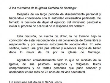 Padre Rodrigo Tupper renuncia al sacerdocio e iniciará proceso de solicitud de dispensa del celibato