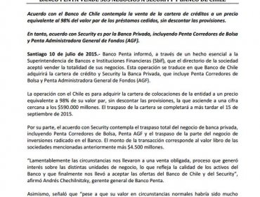 Se oficializa venta total de Banco Penta a Security y Banco Chile