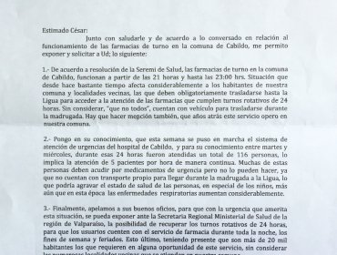 Piden a Seremi de Salud que Cabildo cuente con una Farmacia de Turno las 24 horas