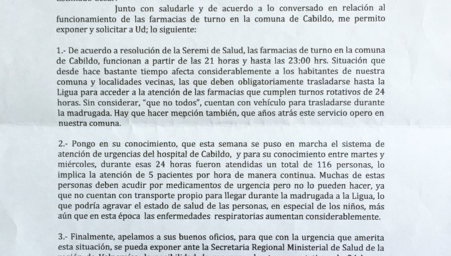 Piden a Seremi de Salud que Cabildo cuente con una Farmacia de Turno las 24 horas