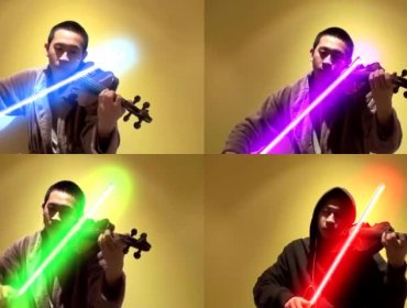 Músico toca una canción de Star Wars con un sable láser y su violín