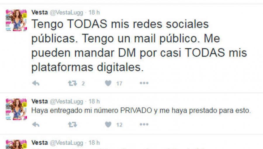 Vesta Lugg desata su furia en Twitter luego que se filtrara su número de celular