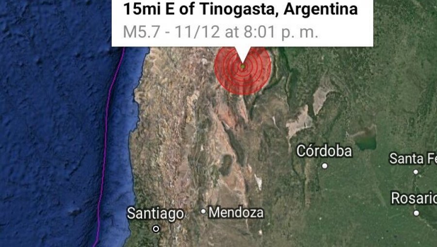 Fuerte sismo de 5,7 sacude el lado norte de Argentina frente a Región de Atacama