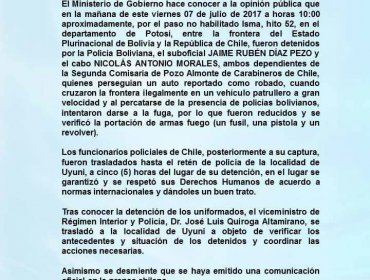 Gobierno Boliviano dice que Carabineros fueron reducidos antes de ser detenidos