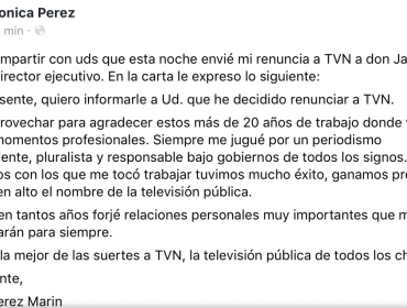 Mónica Pérez renuncia tras 22 años a Televisión Nacional de Chile