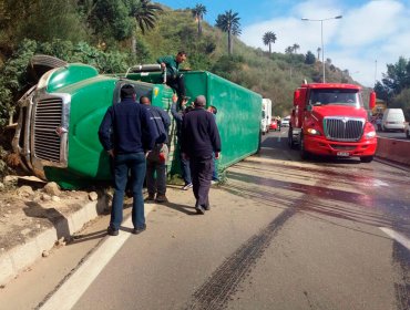 Camión cargado de cerveza vuelca en Ruta Las Palmas en Viña del Mar