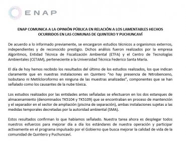 Informe demuestra que en Enap no hay presencia de componentes que habrían causado nube tóxica en Quintero