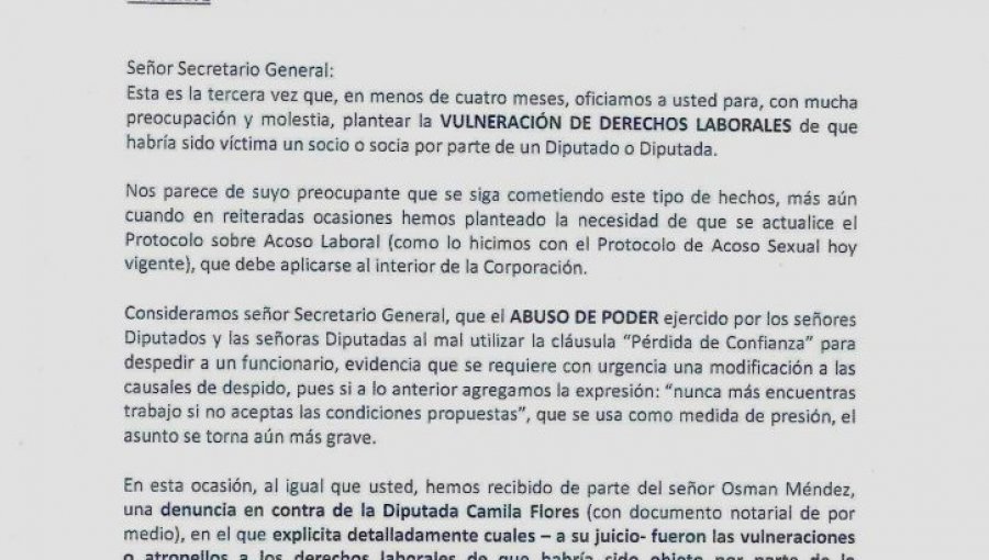 Diputada Camila Flores es acusada de "Violación de derechos laborales y humanos" además de "Abuso de Poder"