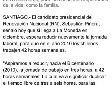 Presidente Piñera propuso en 2005 reducir jornada laboral a 42 horas semanales