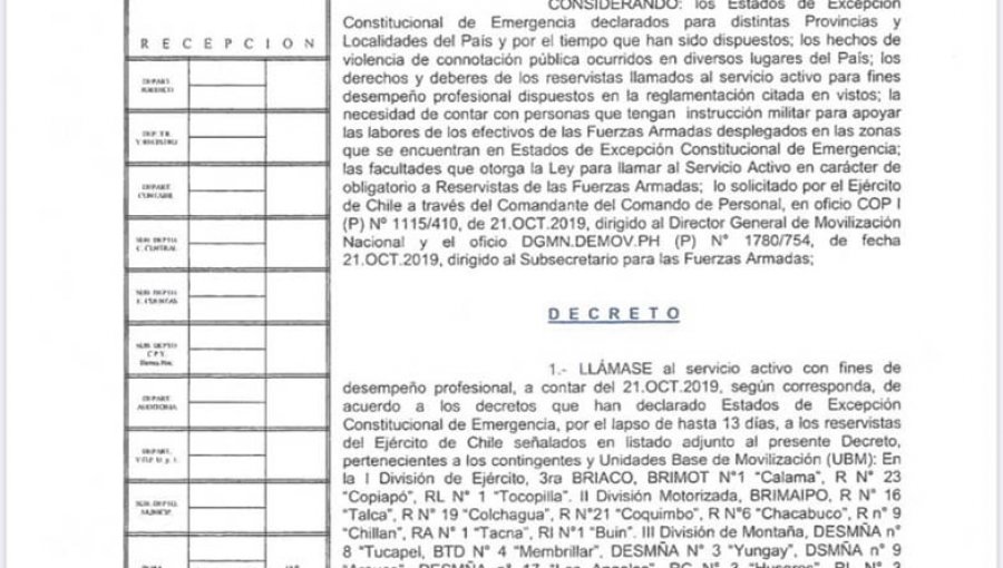 Ejército llamó a reservistas al servicio activo para reforzar el Estado de Emergencia