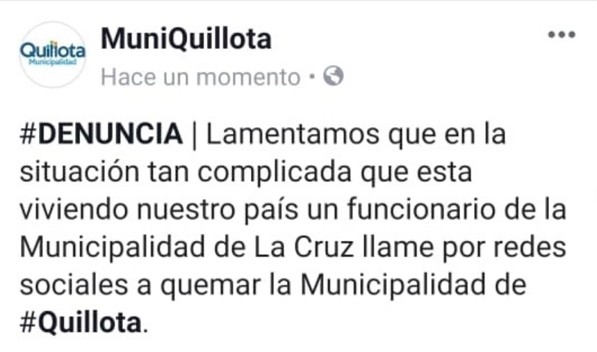 Municipio de Quillota denuncia a funcionario de La Cruz por llamar a quemar el edificio consistorial: aludido acusa montaje