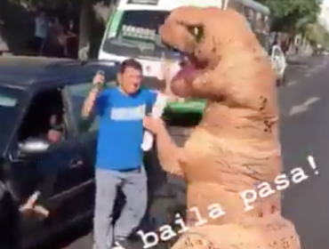 "El que baila pasa": Dinosaurio hizo bailar a conductores en Viña del Mar