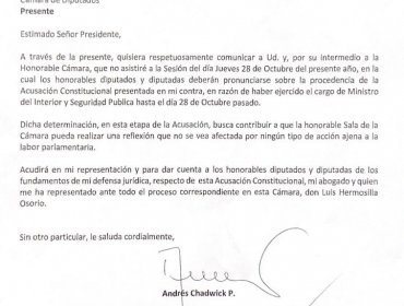 Andrés Chadwick no asistirá a votación de la acusación constitucional en su contra