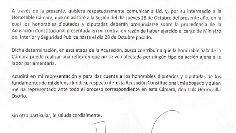 Andrés Chadwick no asistirá a votación de la acusación constitucional en su contra