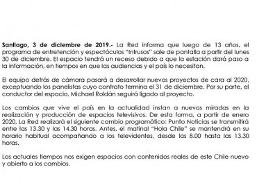 Tras 13 años al aire, La Red anunció que a fin de año «Intrusos» sale de pantalla