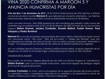 Confirman a Maroon 5 y a los humoristas que se presentarán en Viña 2020