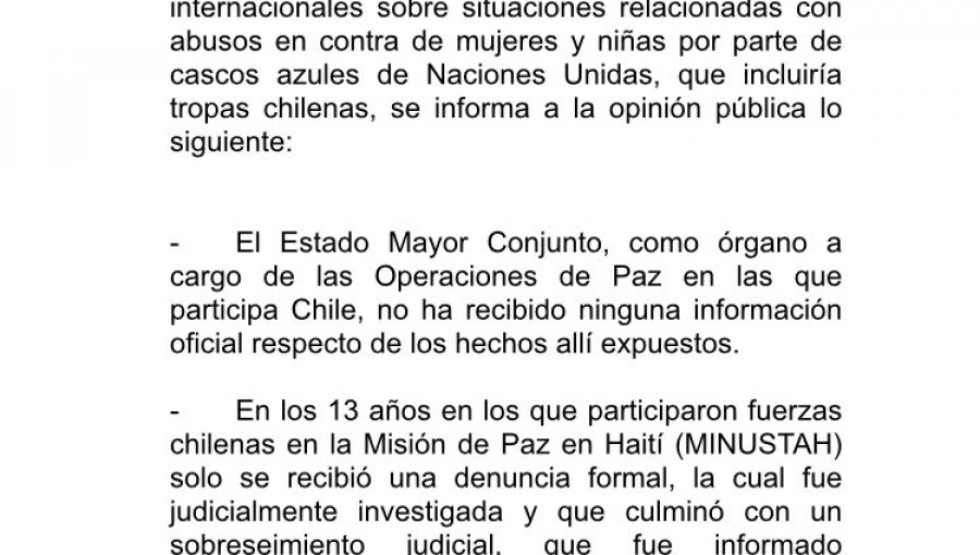 Estado Mayor Conjunto no tiene "información oficial" sobre denuncia por abusos de militares chilenos en Haití