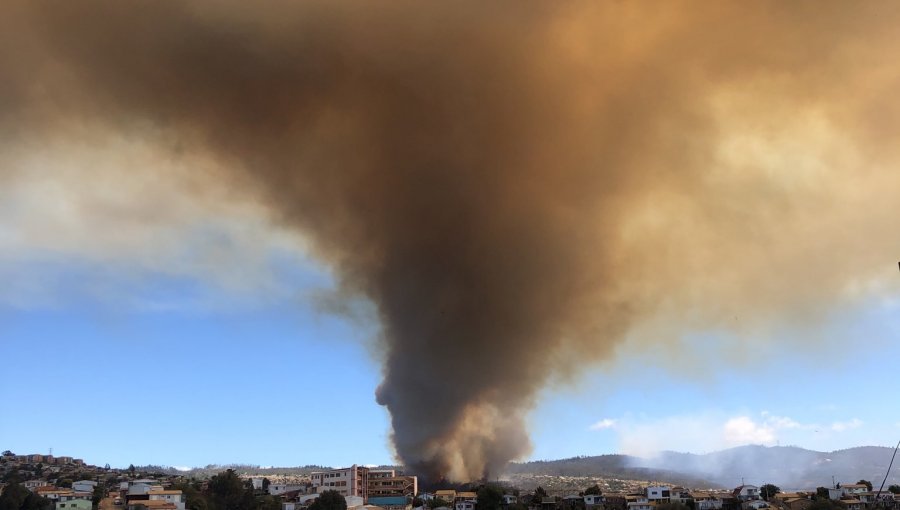 Incendio de grandes proporciones afecta a zona residencial del cerro Rocuant de Valparaíso