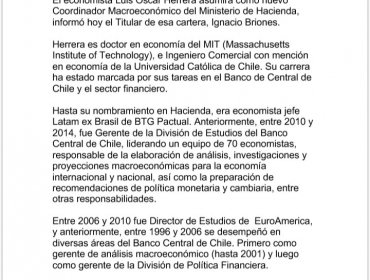 Luis Oscar Herrera asumirá como nuevo Coordinador Macroeconómico del Ministerio de Hacienda