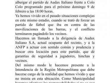 Alcalde de La Florida pidió a Audax buscar otro estadio para duelo con Colo-Colo