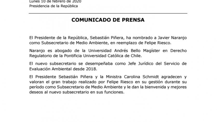 Javier Naranjo fue nombrado como nuevo subsecretario de Medio Ambiente