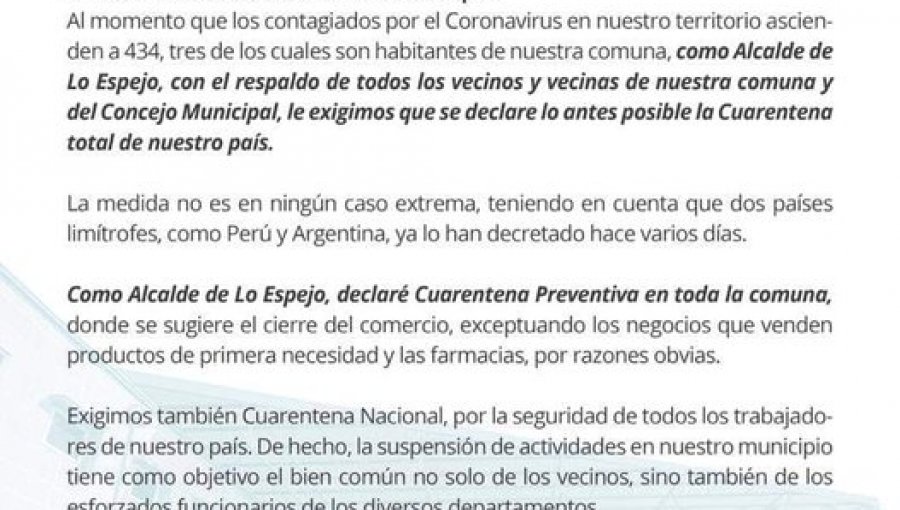 Alcalde de Lo Espejo decretó cuarentena preventiva en la comuna para prevenir coronavirus