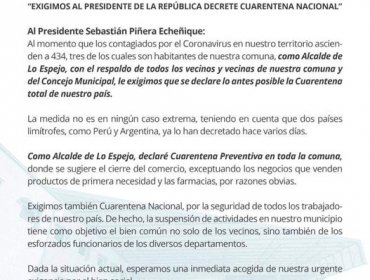 Alcalde de Lo Espejo decretó cuarentena preventiva en la comuna para prevenir coronavirus