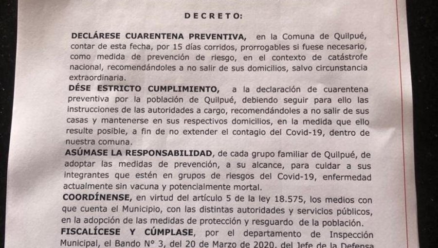 Quilpué decreta cuarentena preventiva comunal por 15 días por el coronavirus