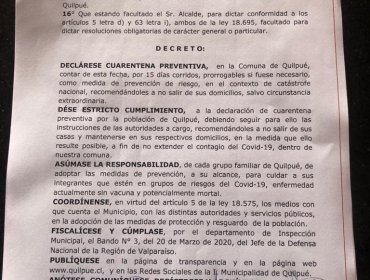 Quilpué decreta cuarentena preventiva comunal por 15 días por el coronavirus