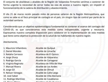 Alcaldes de la región de Valparaíso solicitan cerrar de manera urgente las vías de acceso a la zona