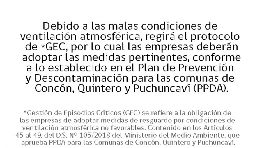 Activan protocolo de Gestión de Episodios Críticos tras malas condiciones de ventilación atmosférica en Quintero