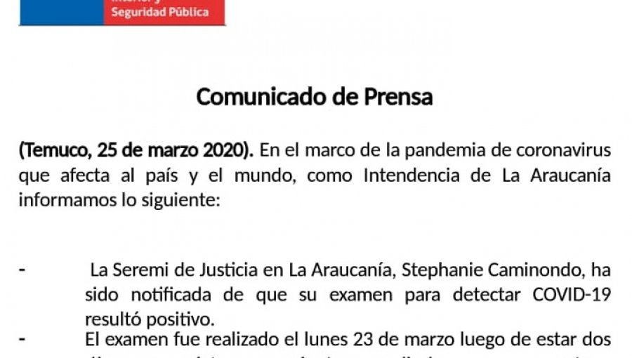 Seremi de Justicia se suma a las autoridades de La Araucanía contagiadas con Covid-19