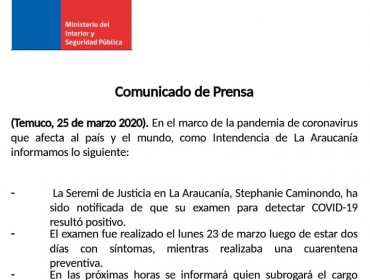 Seremi de Justicia se suma a las autoridades de La Araucanía contagiadas con Covid-19