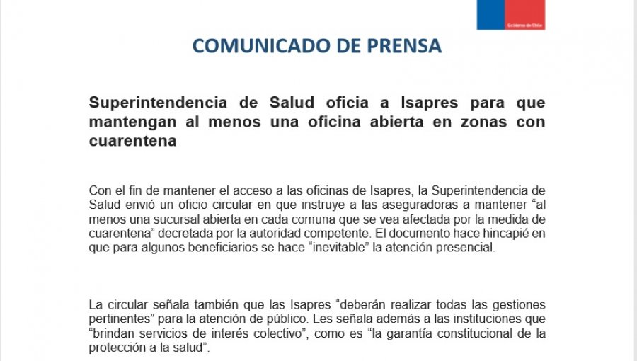 Ofician a Isapres para que mantengan al menos una sucursal abierta en zonas con cuarentena