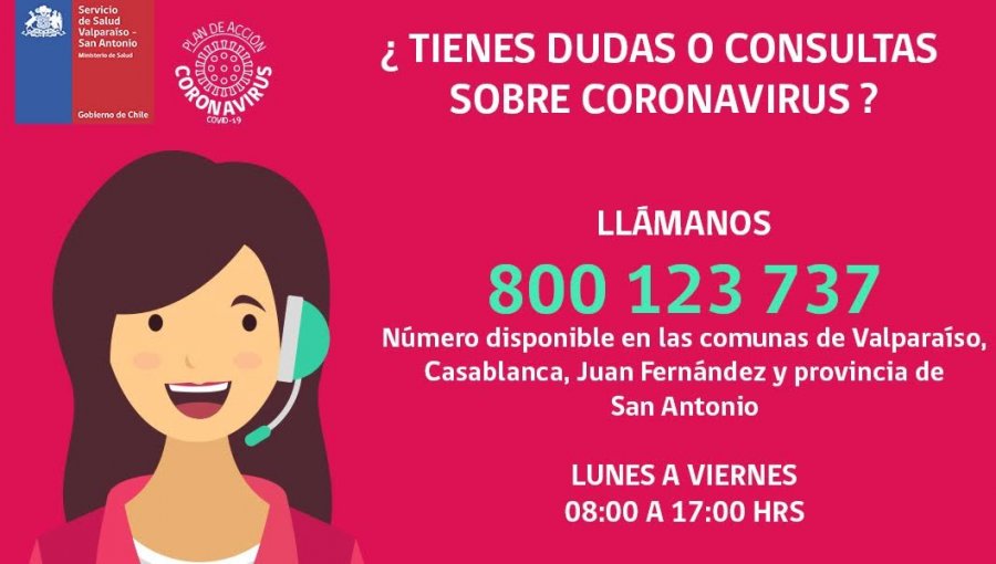 Servicios de Salud Valparaíso - San Antonio y Viña del Mar - Quillota habilitan call center gratuito para consultas sobre el Covid-19