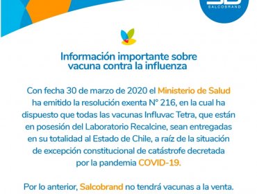 Salcobrand no dispondrá de vacunas contra la influenza a la venta en sus sucursales