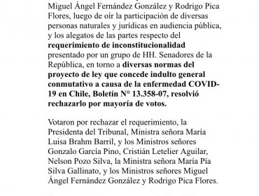 Tribunal Constitucional rechaza requerimiento de senadores de Chile Vamos por indulto conmutativo